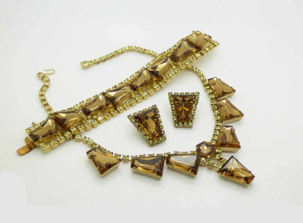 Yellow and Topaz Tapered Baguette Rhinestone Necklace Bracelet Clip Earring Set, Parure