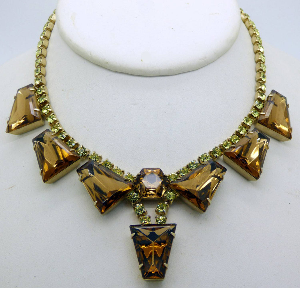 Yellow and Topaz Tapered Baguette Rhinestone Necklace Bracelet Clip Earring Set, Parure - Vintage Lane Jewelry