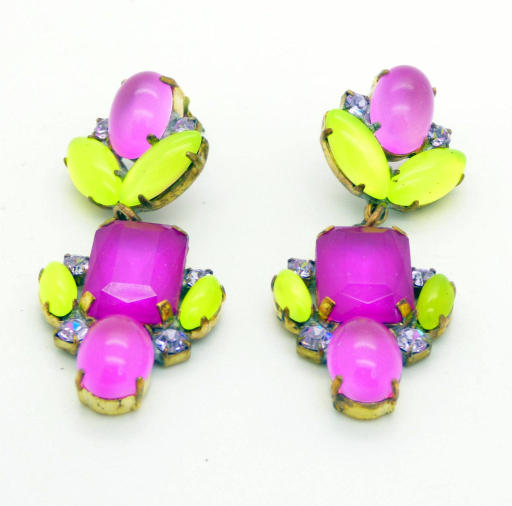 Czech Pink and Yellow Neon Pierced Style Earrings