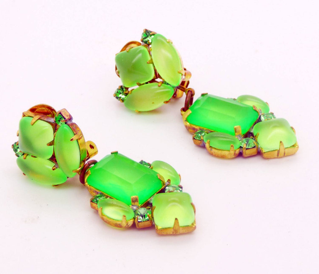 Czech Neon Green Clip Earrings