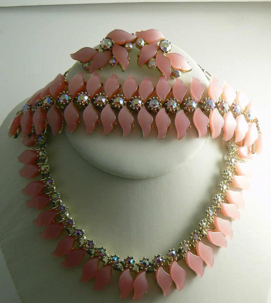 Pink Thermoset Plastic And Ab Rhinestone Parure - Vintage Lane Jewelry