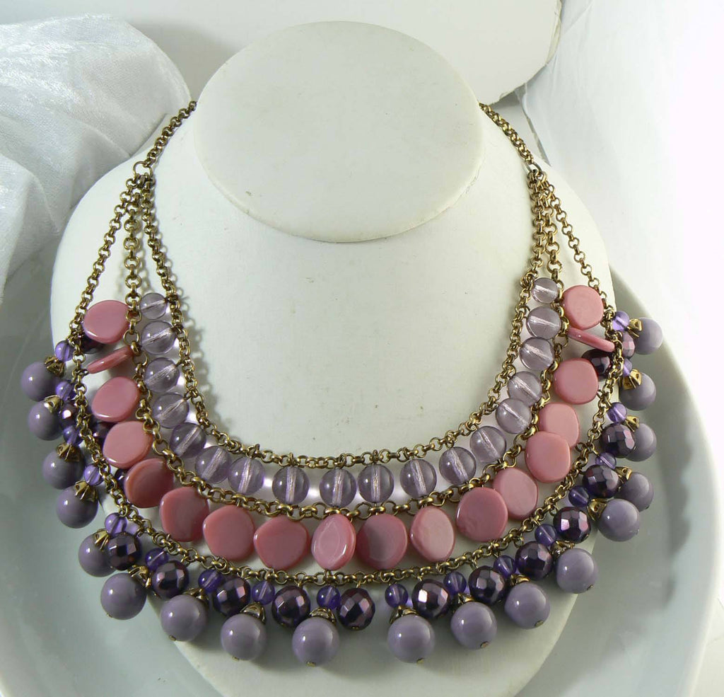 Miriam Haskell Dangling Purple and Pink Glass Bead Bib Necklace - Vintage Lane Jewelry
