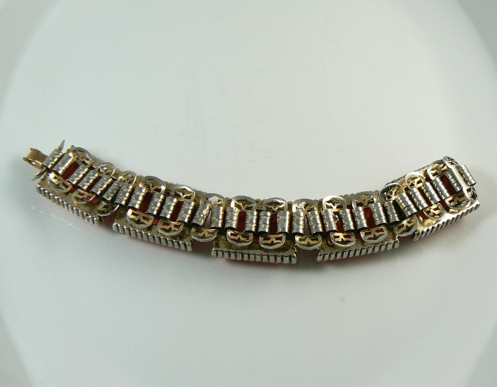 Vintage Molded Coral Glass Flower Panel Book Chain Bracelet - Vintage Lane Jewelry