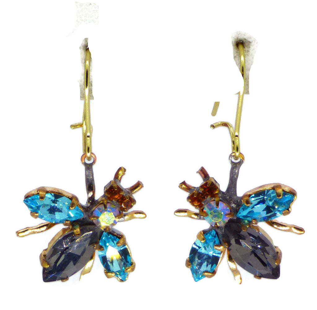 Czech Glass Rhinestone Fly Earrings Gray Body and Blue Wings, Pierced Style Earrings.