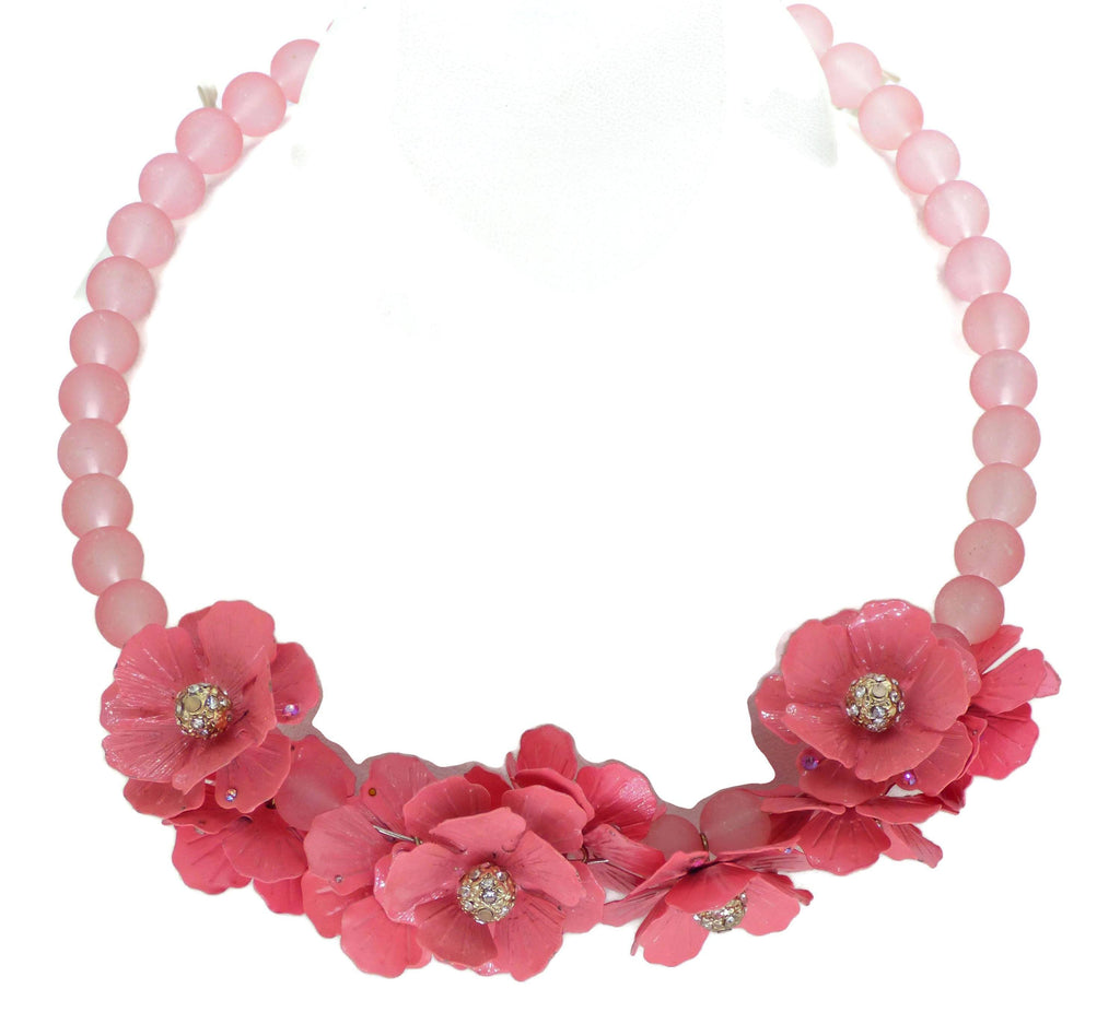 Metal Magnolia Flowers Glass Beaded Necklace