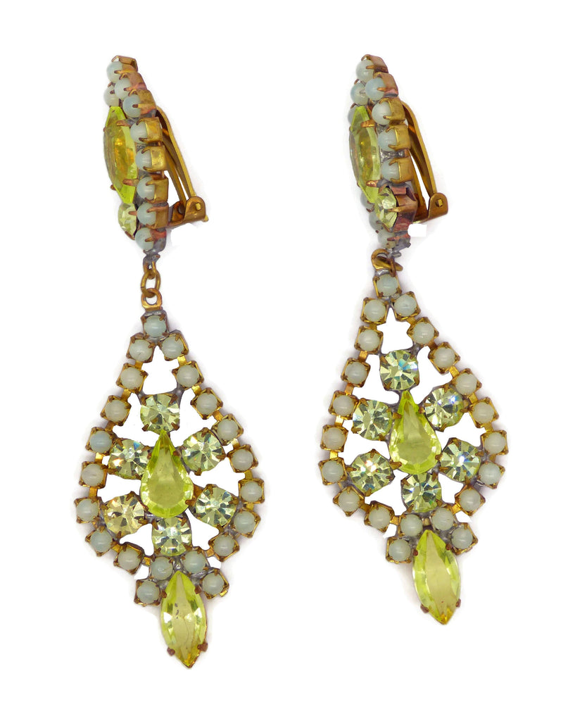 Husar D Czech Vaseline Uranium Clip Earrings - Vintage Lane Jewelry