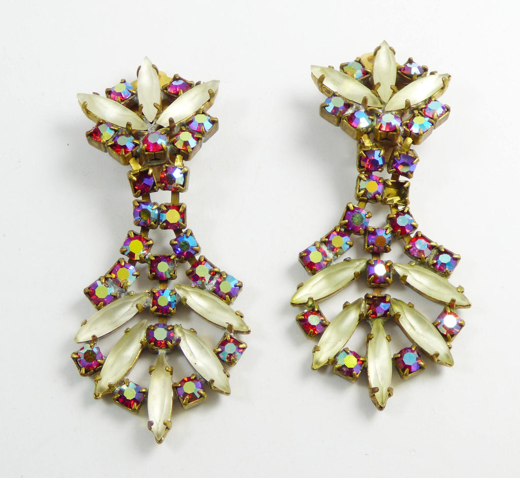 Czech Glass AB Red and Opaque Frosty White Clip Earring
