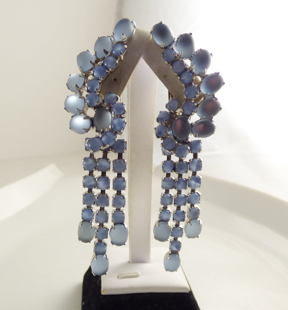 Vintage Long Blue Glass Dangle Pearly Frosted Moonstone Clip Earrings