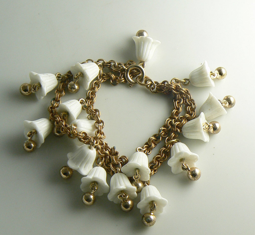 Vintage Dangling Milk Glass Bells Bracelet Germany