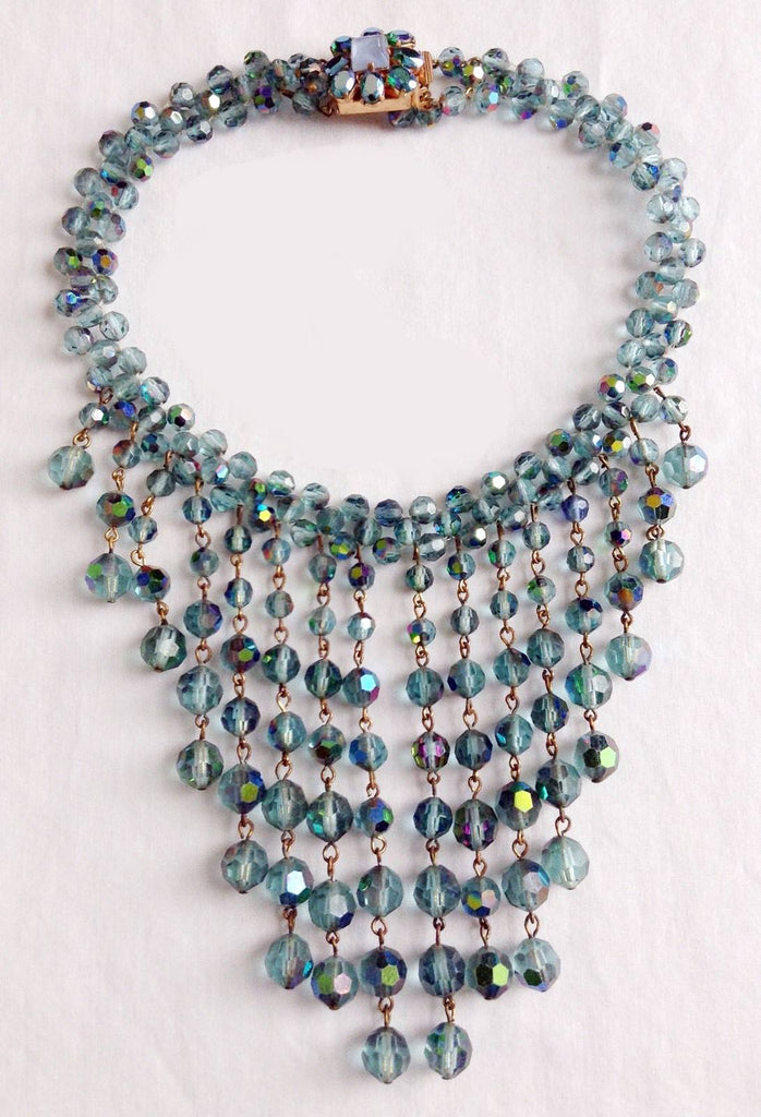 Vintage Miriam Haskell Era Blue AB Glass Bead Dangling Waterfall Rhinestone Clasp Necklace