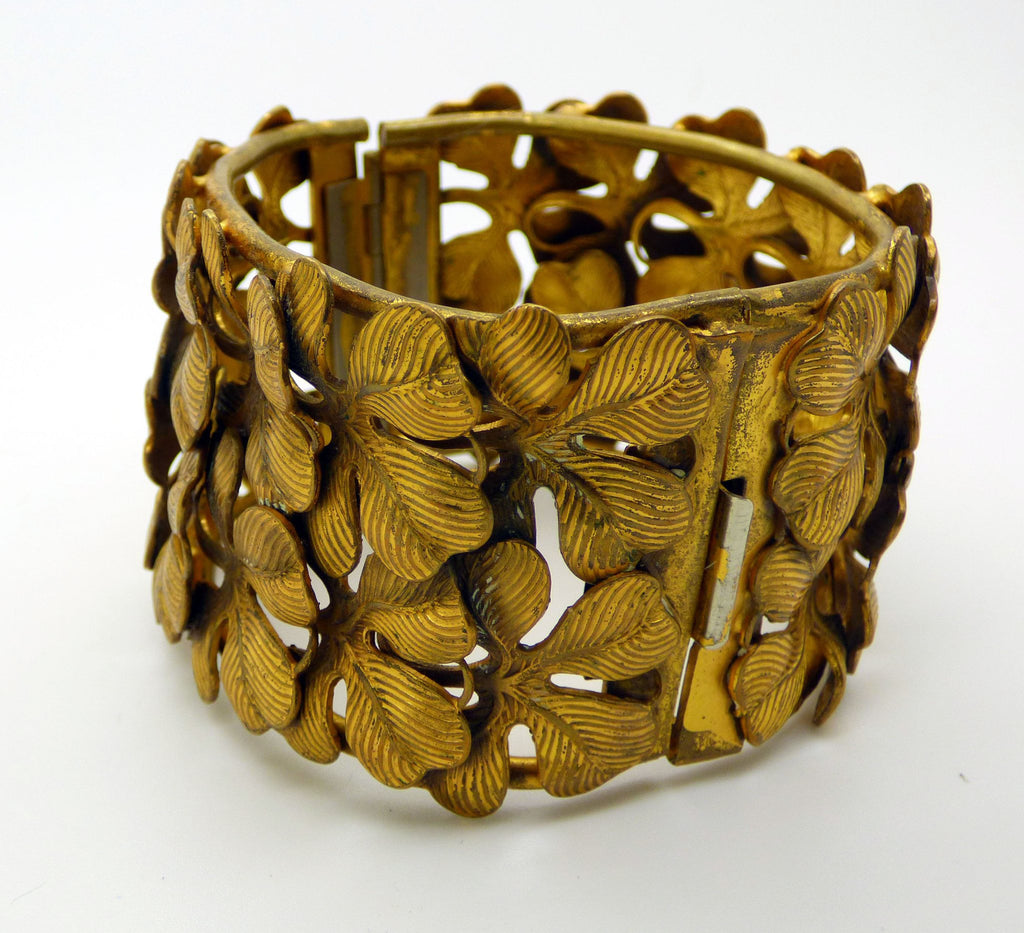 Four Leaf Clover Wide Hinged Bracelet, Brushed Gold Tone