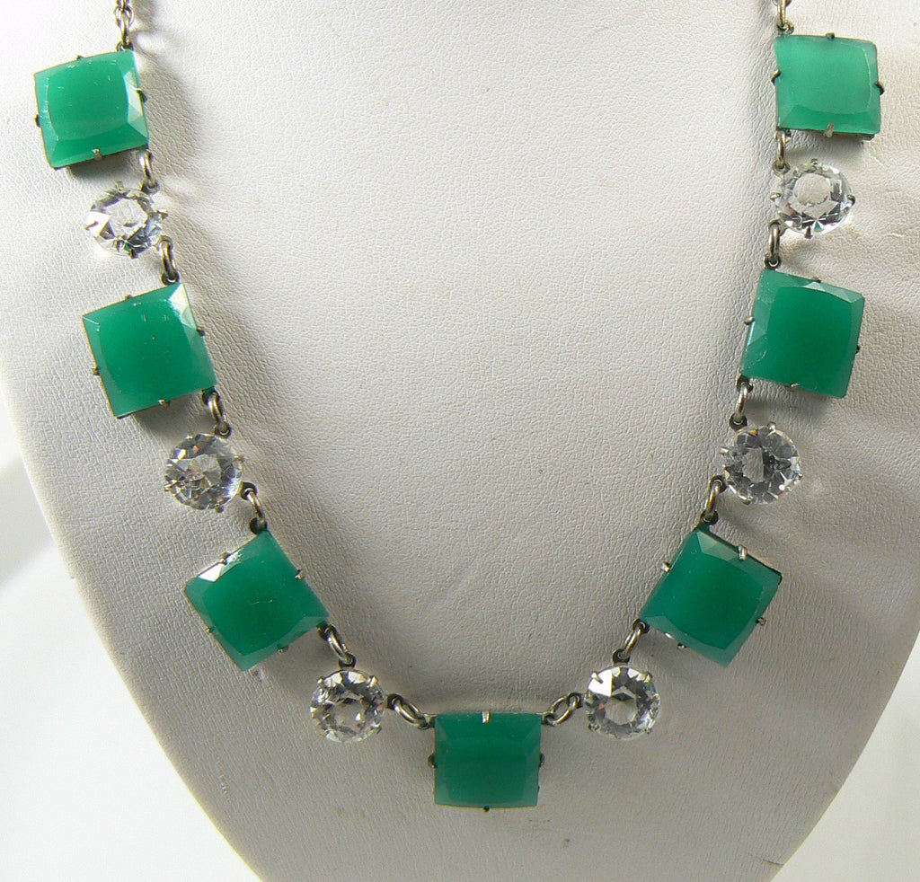 Vintage Art Deco Jade-Green Glass/Crystal Rhinestone Necklace - Vintage Lane Jewelry