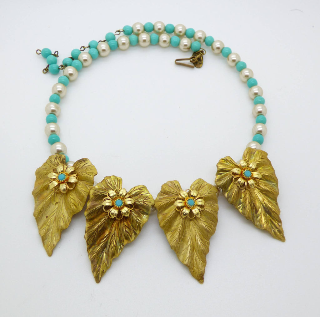 Vintage Miriam Haskell Brass Leaf, Glass Pearl Beaded Choker Necklace