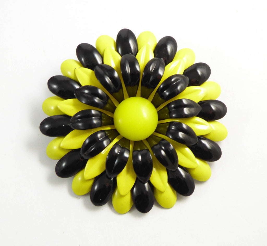 Vintage Enamel Black and yellow Large Flower Pin