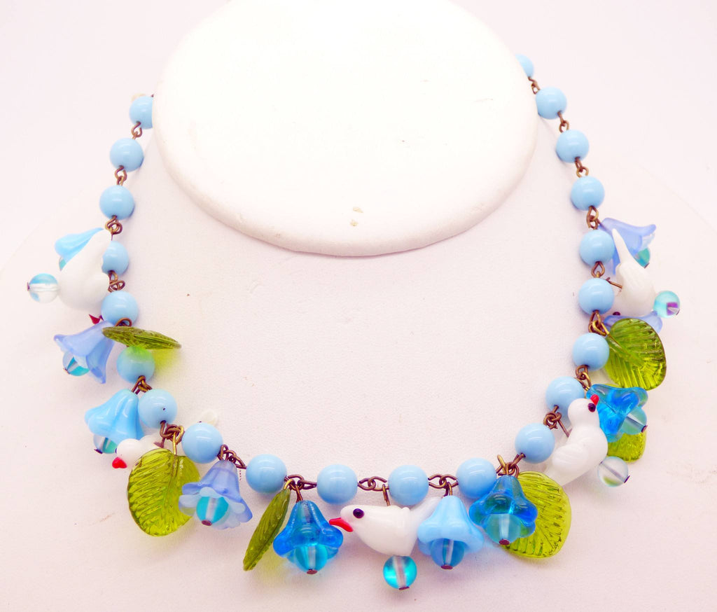 Glass Bird Blue Beaded Necklace with Glass Leaves, Glass flowers and Lucite flowers