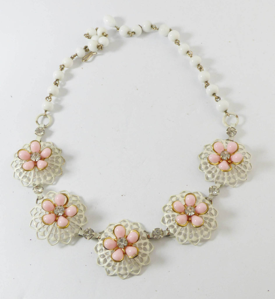 Vintage White Enamel, Pink Plastic Flower, Milk Glass Bead Necklace