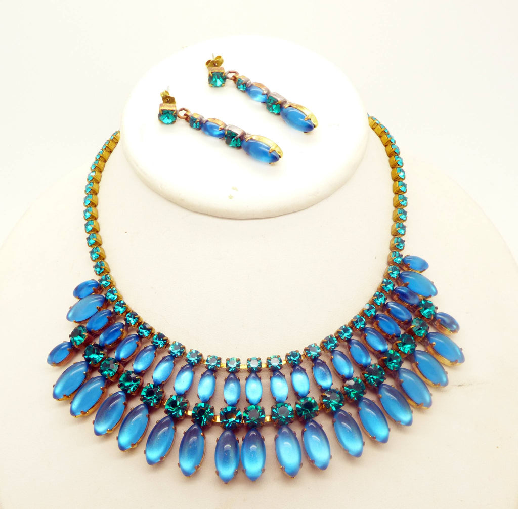 Czech Glass Sky Blue Cabochon Rhinestone Fringe Necklace & matching pierced style earrings