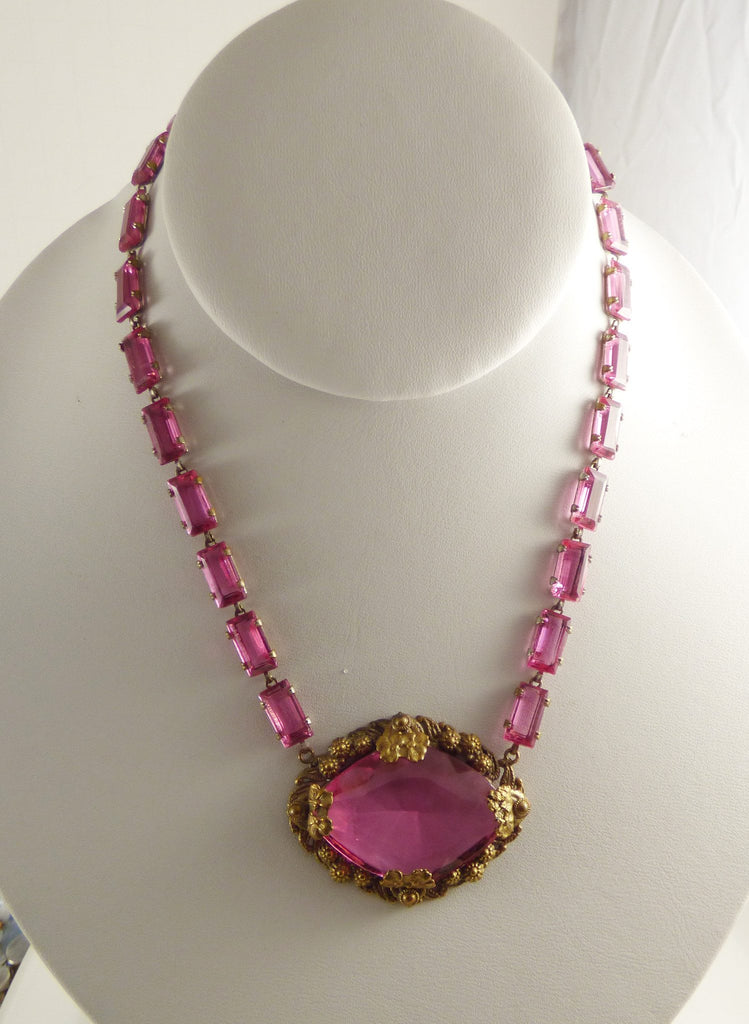 Art Deco Czech pink glass necklace and earring set, pierced earrings - Vintage Lane Jewelry