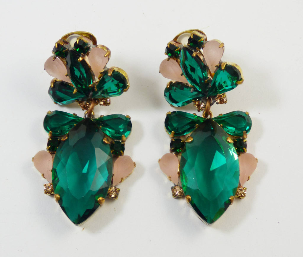 Pink Green Bow Glass Clip Earrings