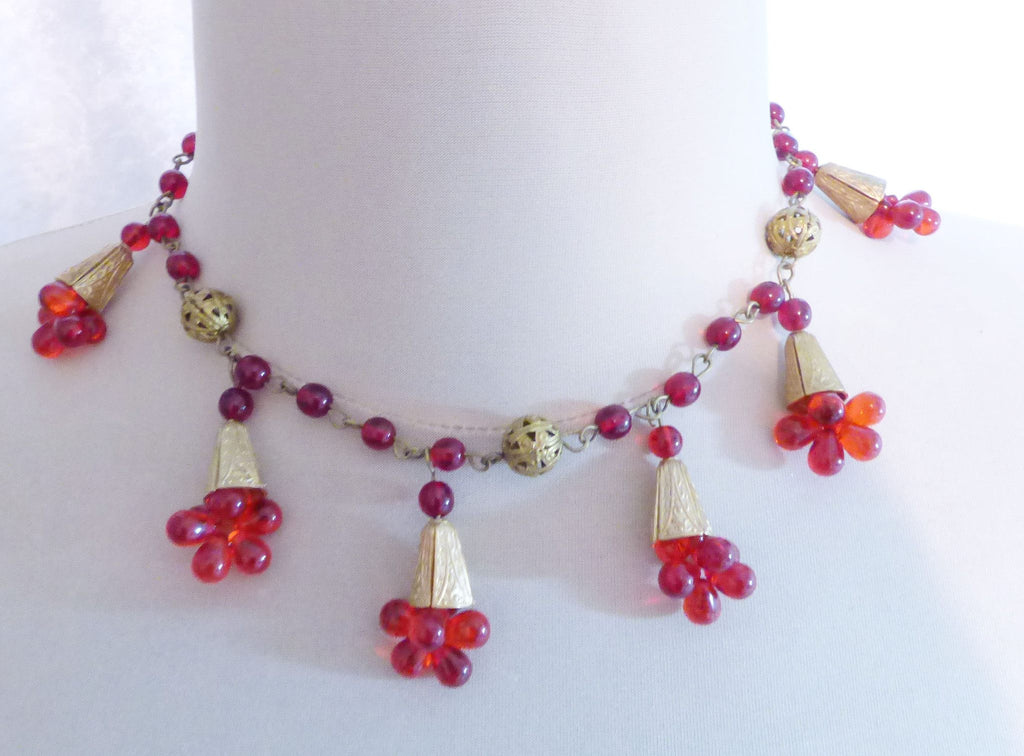 Vintage Early Miriam Haskell Red Glass Bead and Brushed Gold Tone Necklace
