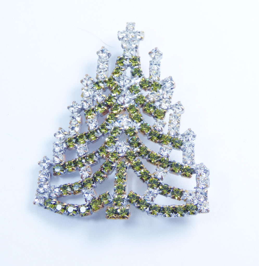 Czech Glass Green and Clear Rhinestone Christmas Tree Brooch, Xmas Pin, Holiday Brooch