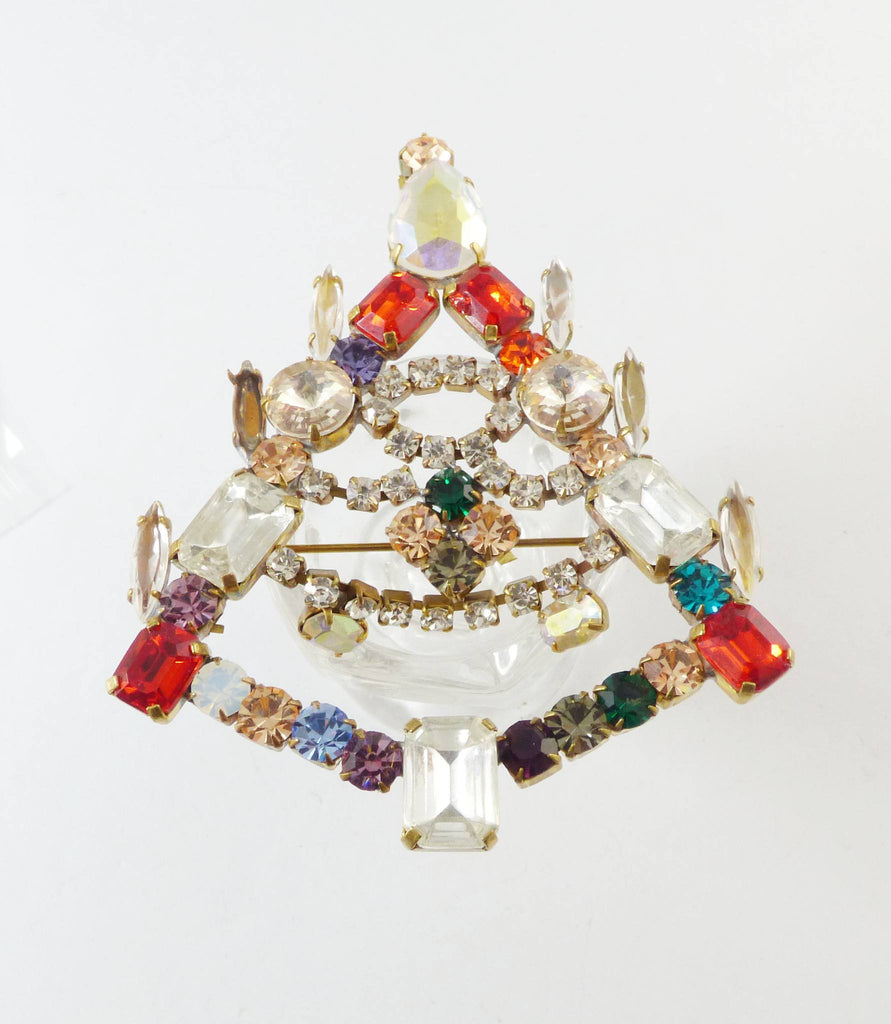 Signed Bijoux MG Rhinestone Christmas Tree Pin, Holiday brooch, X-mas Pin