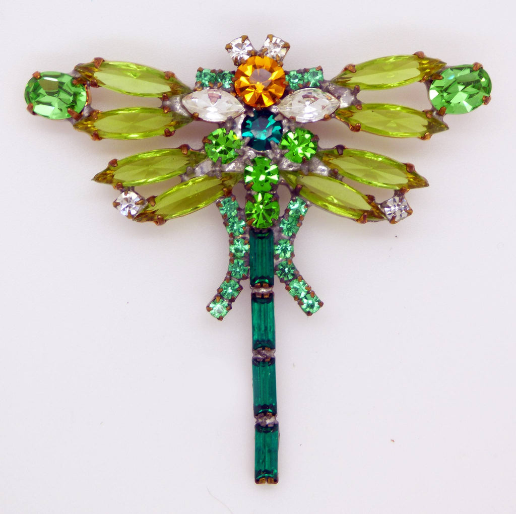 Czech Light Green Rhinestone Dragonfly Pin Brooch
