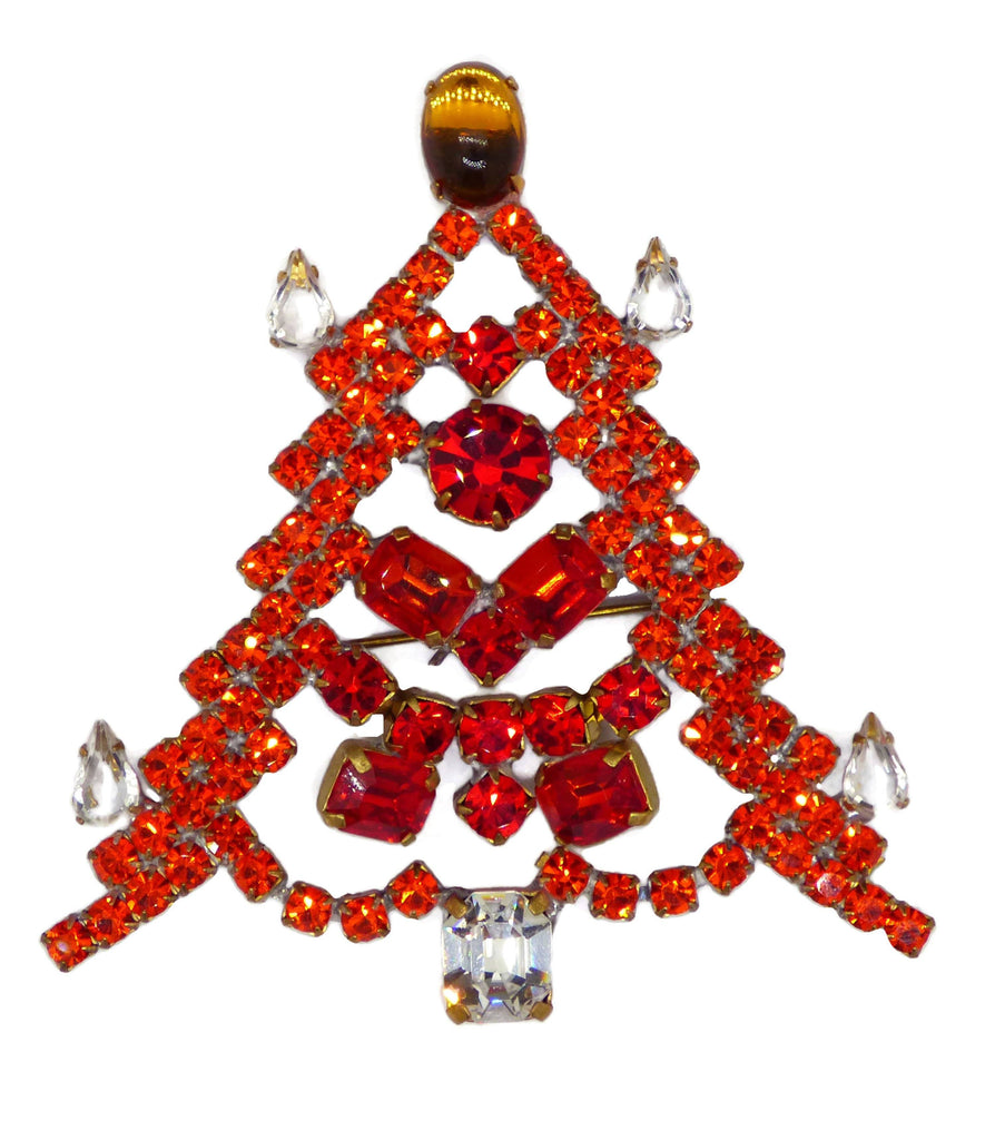 Red Christmas Tree Pin, Rhinestone Brooch,