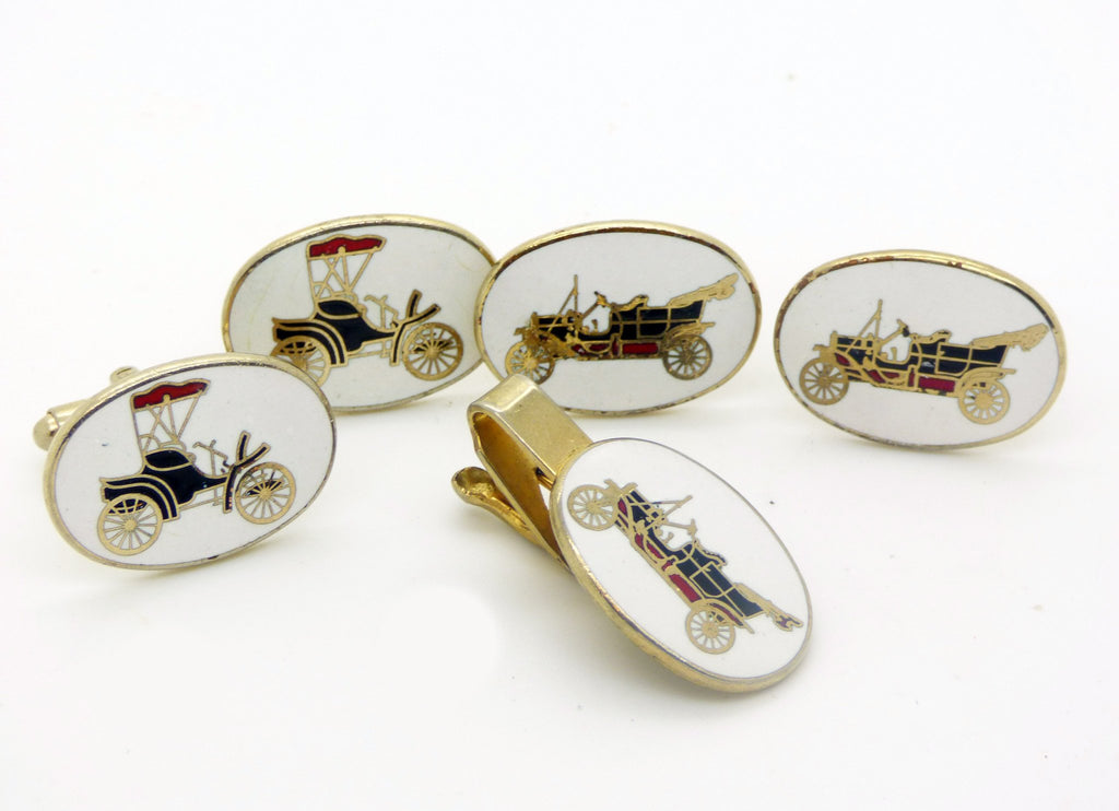 2 Sets of Antique Enamel Car Cufflinks and Matching Tie Clip