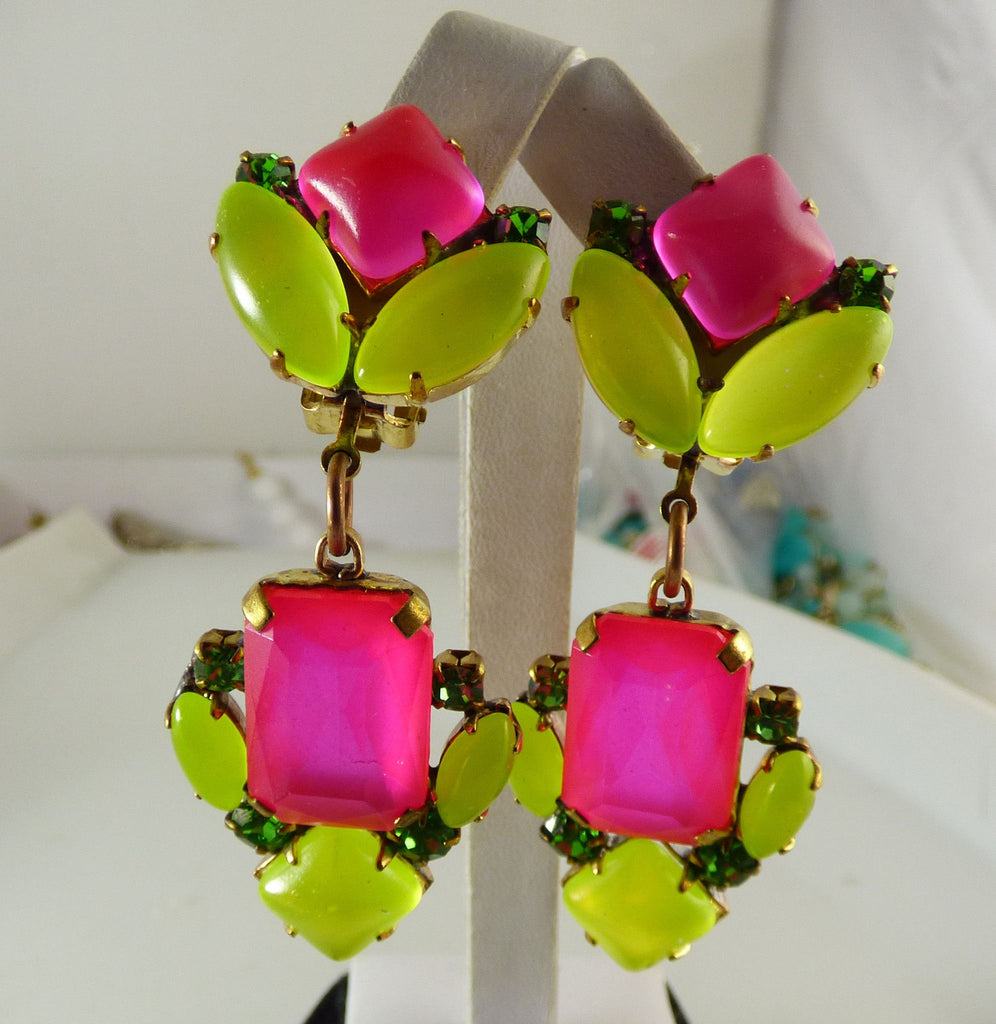 Czech Neon Yellow and Pink Clip Earrings