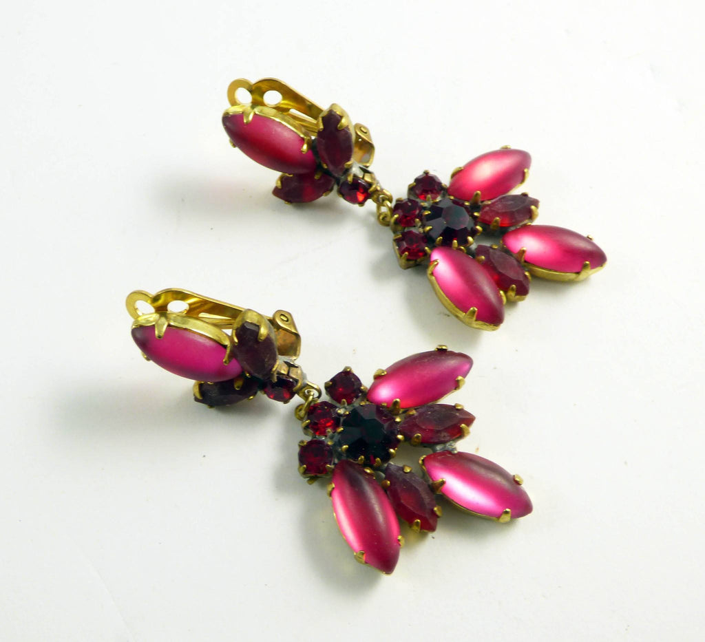 Czech Glass Fuchsia and Dark Red Rhinestones Clip Earrings