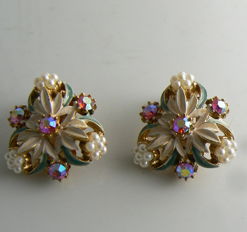Florenza Enamel, AB Rhinestone Faux Pearl Clip Earrings