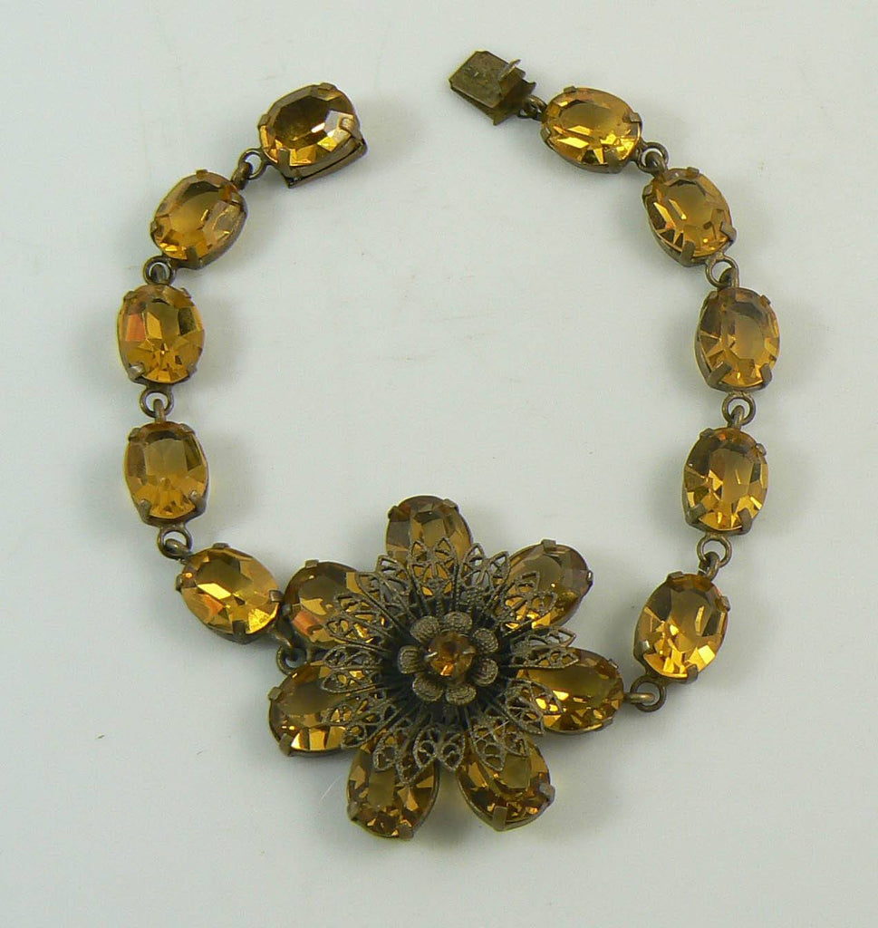 Early Signed CZECHOSLOVAKIA Citrine Glass Rhinestone Bracelet