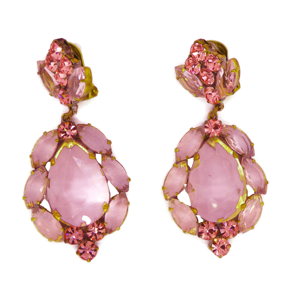 Pink Czech Glass Huge Dangling Clip Earrings