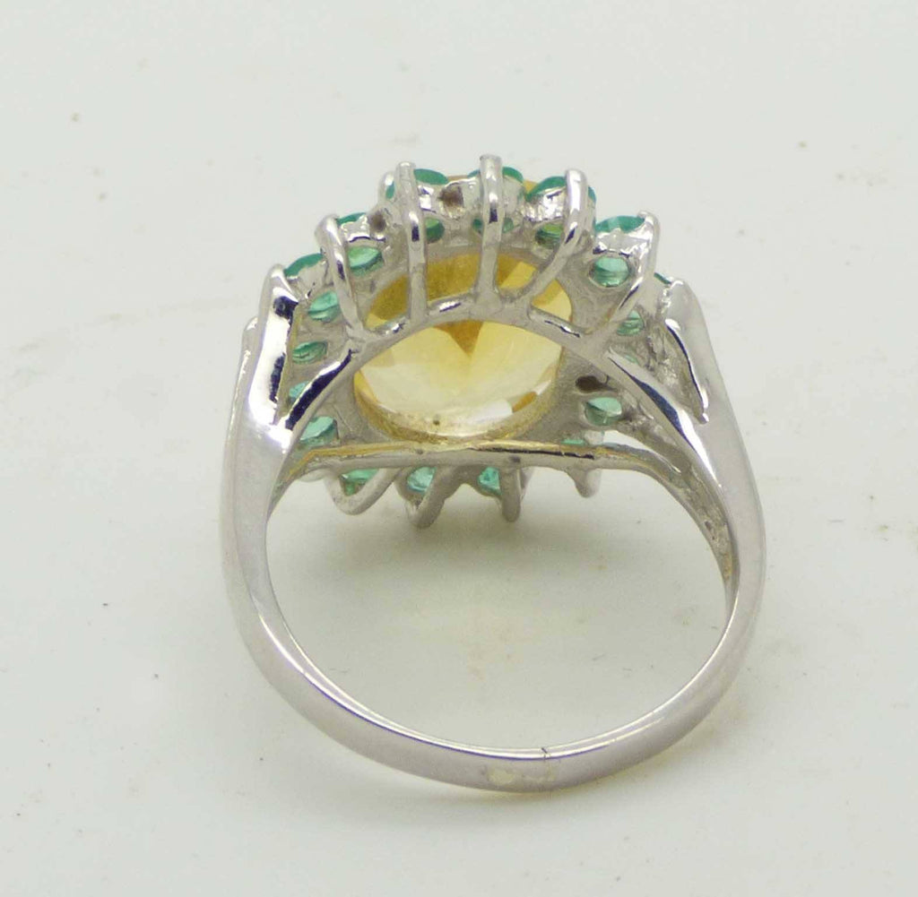 Rich Yellow Citrine and Natural Emerald Solitaire Ring, 14k white gold over sterling silver, Size 7. - Vintage Lane Jewelry