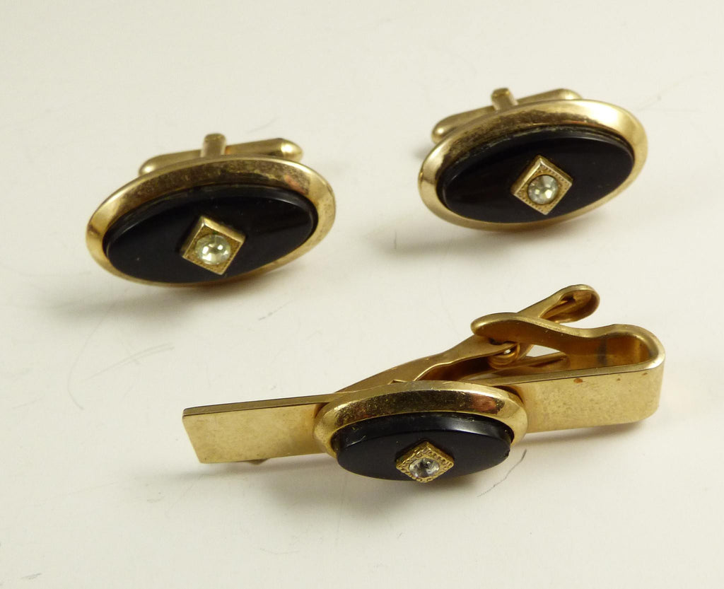 Swank Signed Art Deco Faux Onyx and Crystal Cufflinks and Tie Bar Set
