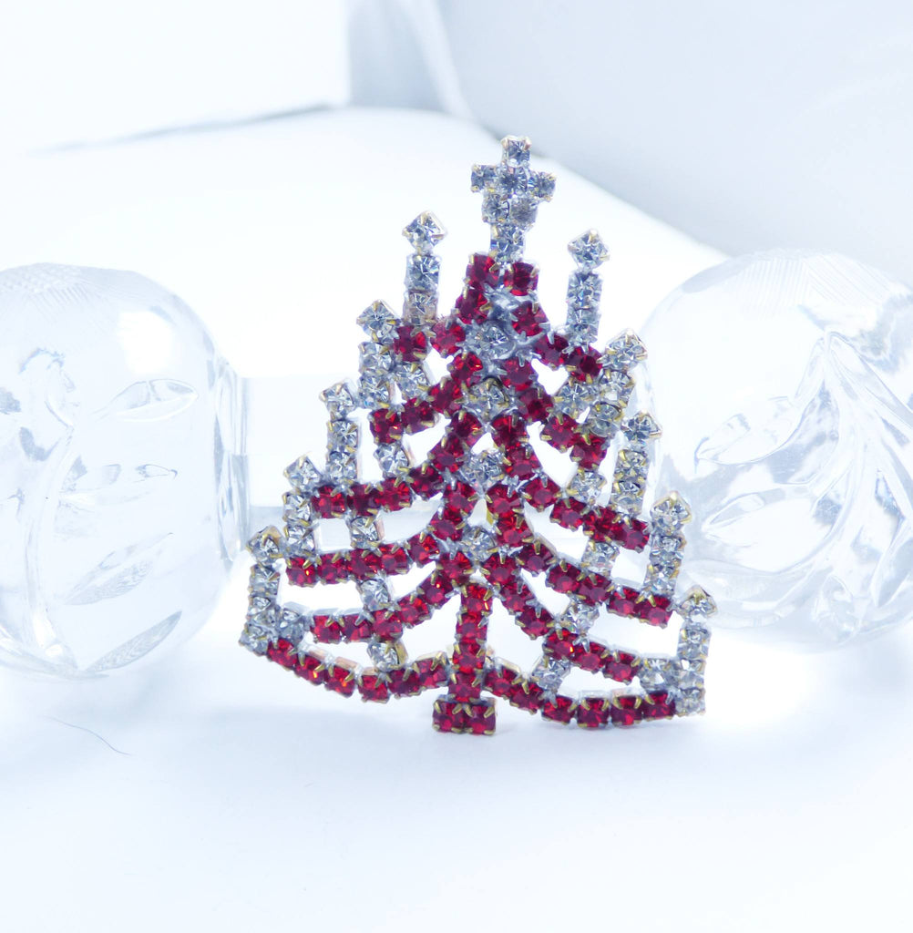 Czech Glass Red and Clear Rhinestone Christmas Tree Brooch, Xmas Pin, Holiday Brooch - Vintage Lane Jewelry