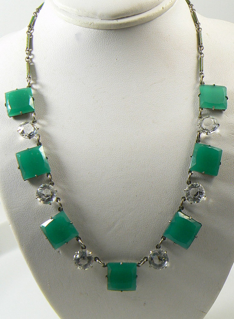Vintage Art Deco Jade-Green Glass/Crystal Rhinestone Necklace - Vintage Lane Jewelry