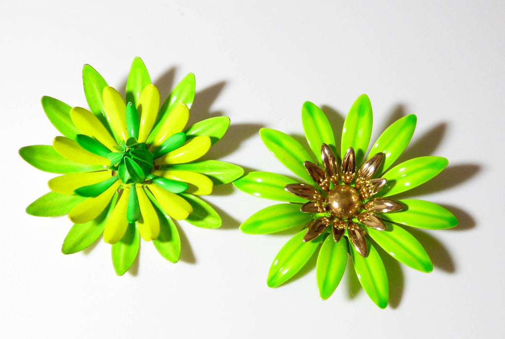 Sarah Coventry Enamel Flower Pins, Green and Yellow - Vintage Lane Jewelry