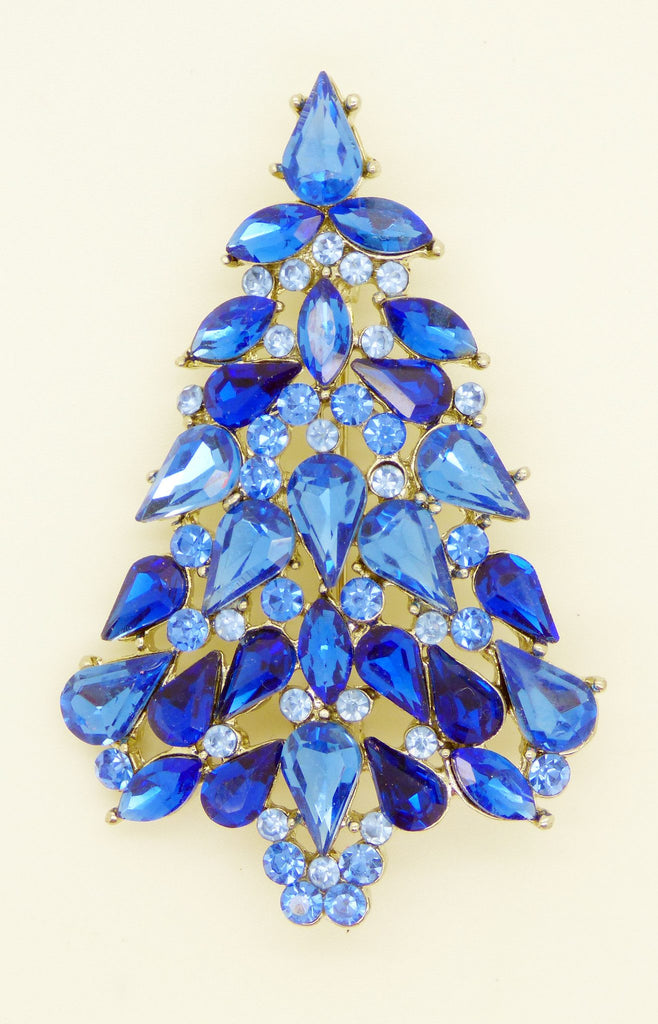 Blue Rhinestone Glass Christmas Tree Pin, Holiday Brooch, X-mas Pin