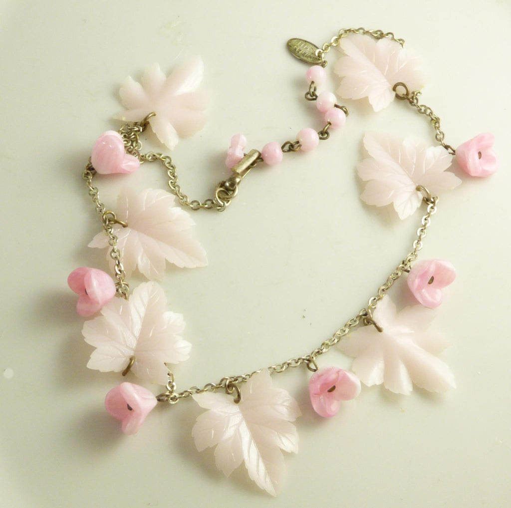 Vintage Miriam Haskell Pale Pink Leaf and Flower Charm Dangle Silver tone Necklace - Vintage Lane Jewelry