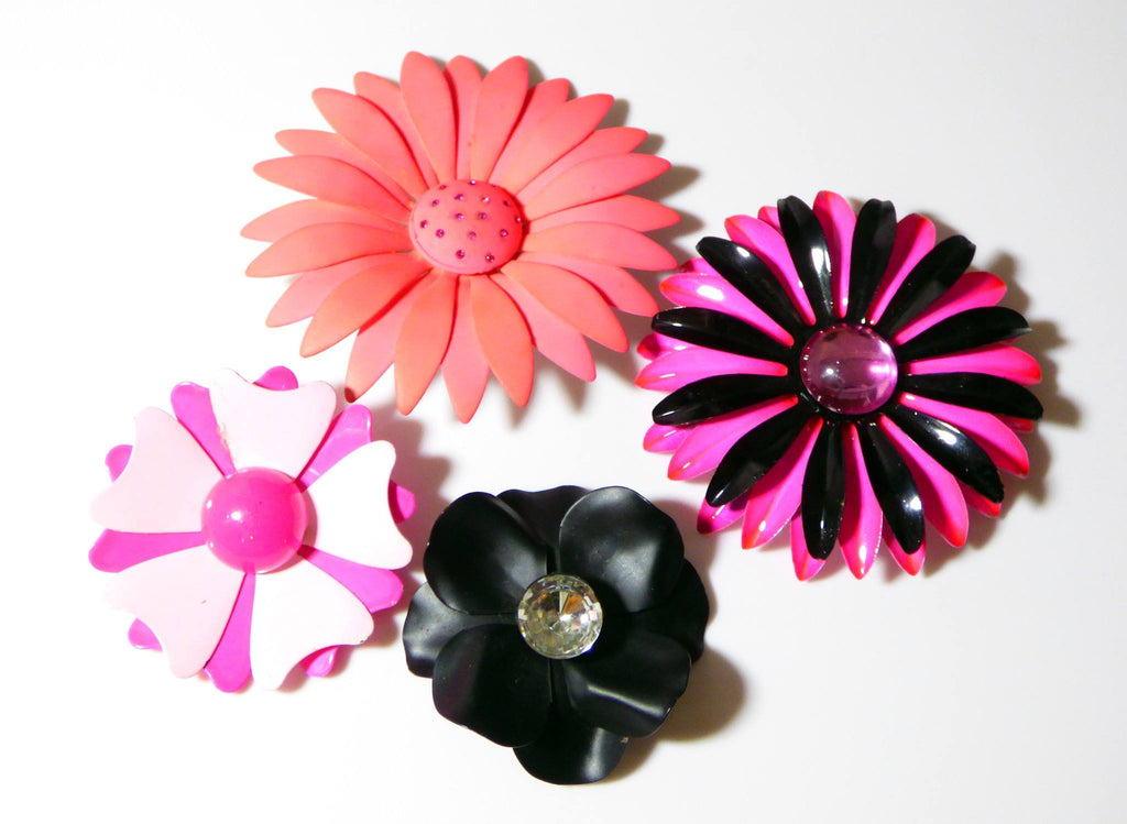 Bright Pink and Black Enamel Flower Pins Daisy Lot