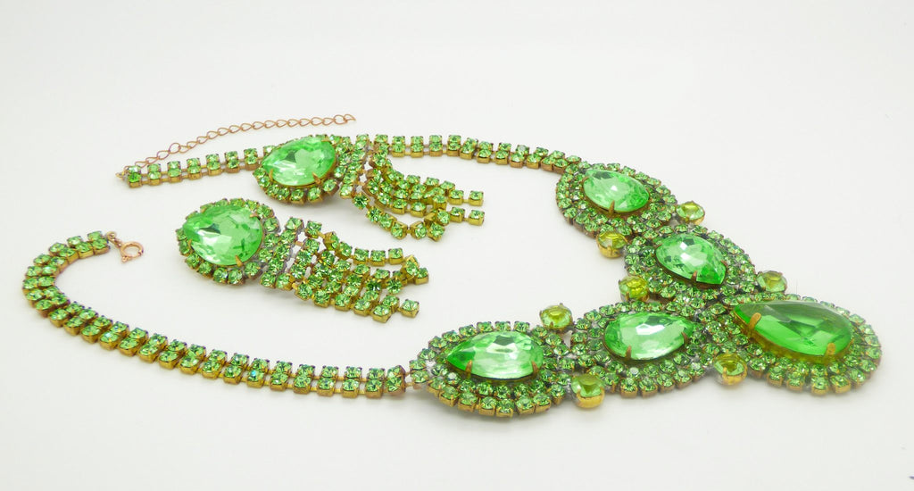 Bright Green Czech Glass Rhinestone Statement Necklace and Matching Clip Earrings