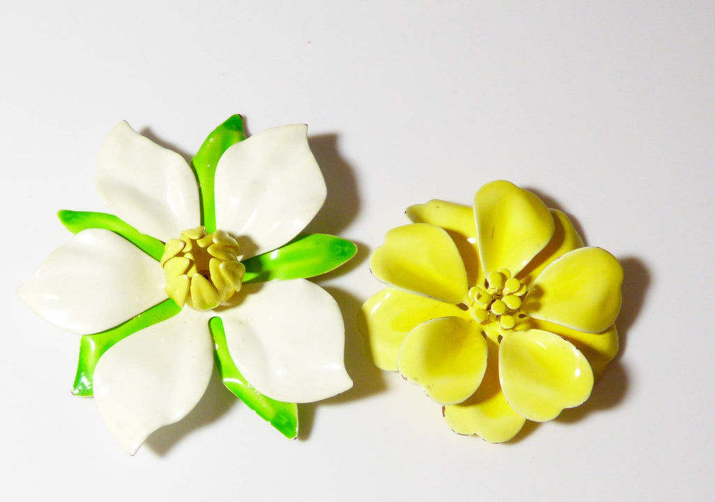 Sarah Coventry Enamel Flower Pins, Green and Yellow - Vintage Lane Jewelry