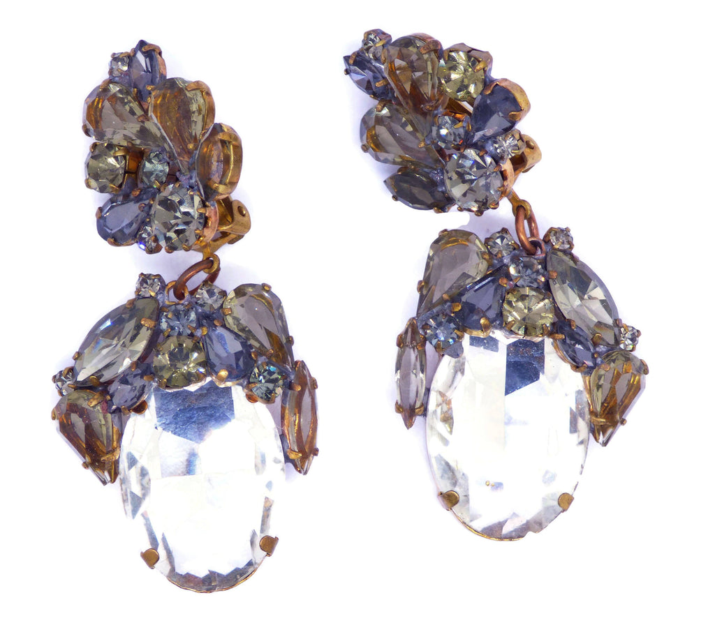 Czech Glass Silver Dangle Clip Earrings, Rhinestone