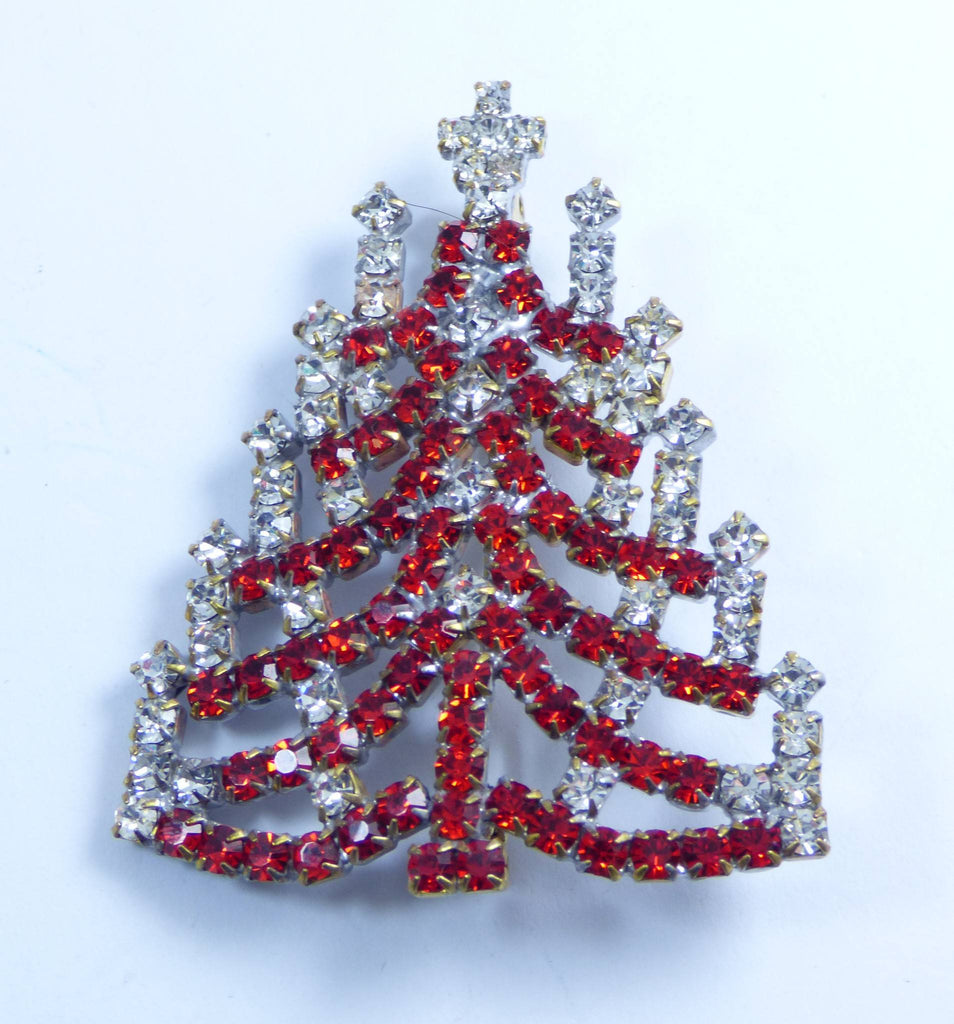 Czech Glass Red and Clear Rhinestone Christmas Tree Brooch, Xmas Pin, Holiday Brooch