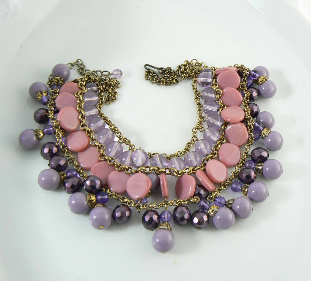Miriam Haskell Dangling Purple and Pink Glass Bead Bib Necklace
