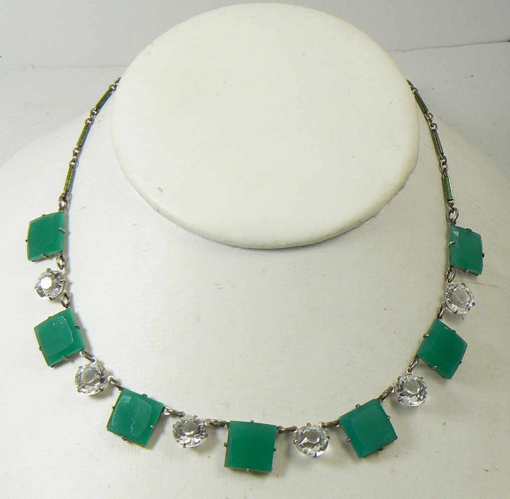 Vintage Art Deco Jade-Green Glass/Crystal Rhinestone Necklace