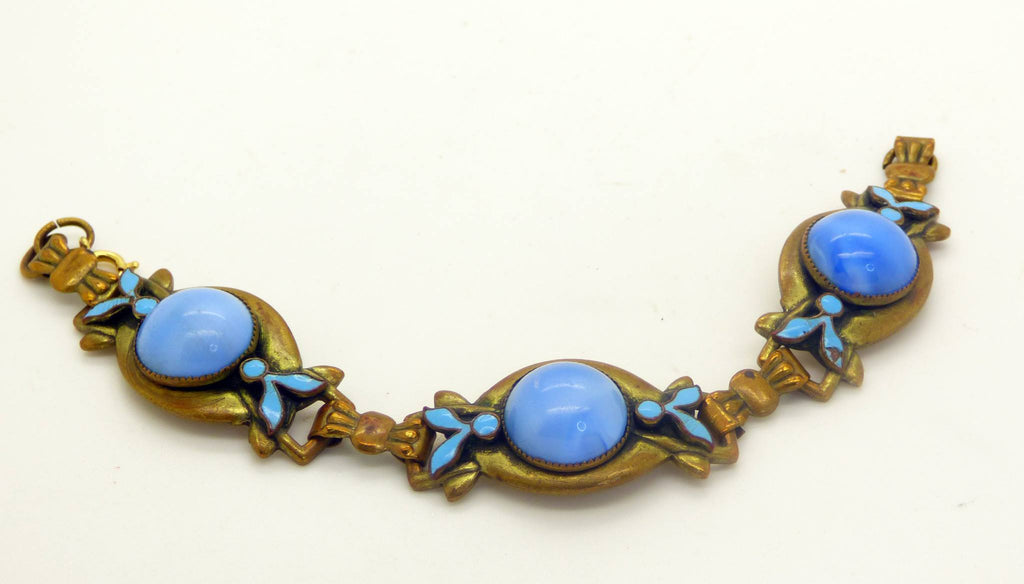 Art Deco Czech Brass and Blue Enamel Bracelet - Vintage Lane Jewelry