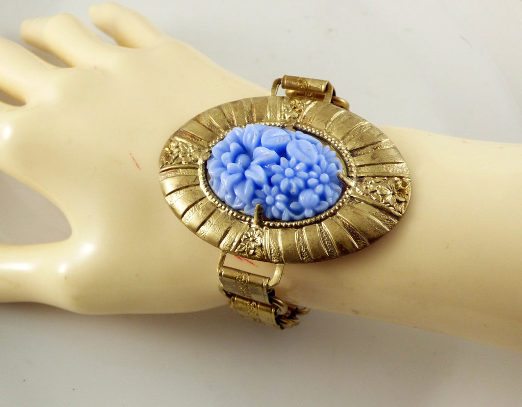 Antique Baby Blue Molded Glass Ornate Book Chain Bracelet